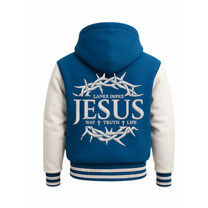 Blouson universitaire à capuche pour homme, écologique, motif Couronne d'épines de Jésus, bleu et blanc, style baseball, avec lettrage chrétien sur le devant, streetwear - Product Image 5