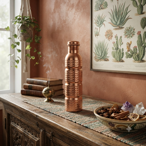<b>Copper</b> Water Bottle with Hammered Texture Design <b>Screw</b> Cap Portable Reusable Flask for Travel Minimalist Style - Product Image 5