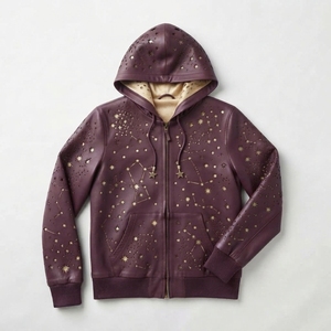 Blouson bomber à capuche violet avec imprimé constellation d'étoiles dorées, fermeture éclair sur le devant, décontracté, unisexe, pour l'automne - Product Image 1