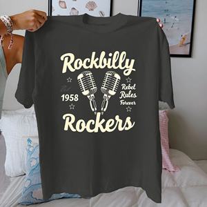 microphones Rockabilly retro <b>music</b> design pure cotton women's <b>Tshirt</b> comfort fit - Product Image 2
