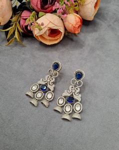 Luxury American Diamond Blue Stone Drop <b>Earrings</b> Wholesale AD Wedding Bridal Long Jhumka Hanging <b>Earrings</b> Party Wear Fashion Set - Product Image 1