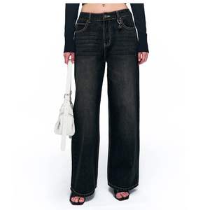 Pantalones vaqueros negros de cintura alta para mujer, de pierna ancha, estilo vintage, lavados, de ajuste holgado y recto, pantalones de mezclilla personalizados al por mayor, a la moda - Product Image 2