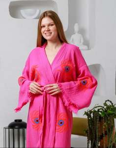 Atractivo Kimono de Algodón Midi Vintage de Verano, Estilo Bohemio con Ojo Turco, Cárdigan de Manga Larga para Mujer, Elegante y Holgado, para la Playa - Product Image 3