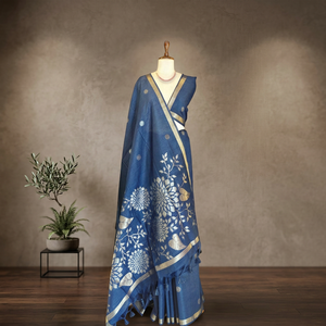 Sari en soie brute Khadi bleu à motifs floraux, tenue traditionnelle pour femmes, idéal pour les fêtes et les mariages. - Product Image 5