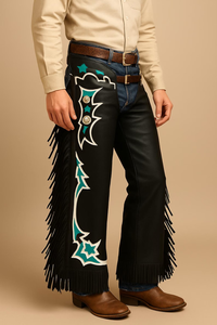 FAZMAX Men's Genuine Leather Western <b>Chaps</b> High Rise Regular Fit with Fringe Buckle Closure for <b>Riding</b> Custom Packaging - Product Image 3
