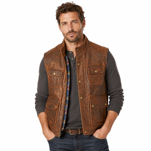 Gilet en cuir véritable marron vintage pour homme, style usé, multi-poches, veste sans manches utilitaire, gilet décontracté rétro pour l'extérieur - Product Image 1