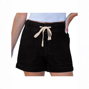 Shorts de Mezclilla de Cintura Alta para Mujer, Estilo Europeo Americano, Cintura Elástica con Cordón Ajustable, Corte Recto, para Comercio Exterior Transfronterizo, Aliexpress - Product Image 1