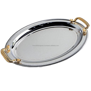 <b>Mirror</b> Polish Oval Tray Stainless Steel Food Serving Trays With Brass Handles Restaurant Supplies Decorative Trays Food Safe - Product Image 1