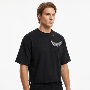 T-shirt court noir oversize avec logo R ailé imprimé sur le devant, manches courtes, col rond, style streetwear pour homme, jersey en coton - Product Image 2