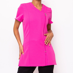 Women's Red Breathable Polyester Short Sleeve V-Neck Scrub Top with Zip Front and Custom Logo Embroidery Tunic - Product Image 2