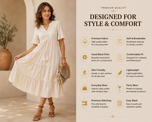 Robe midi beige à volants de haute qualité pour femmes, robe décontractée à manches courtes, col en V, en coton, style bohème, robe maxi pour l'été, prix de gros - Product Image 4