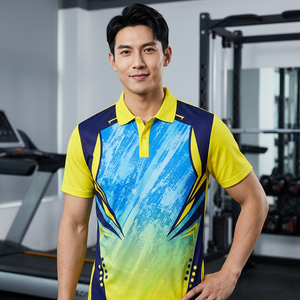<b>Men's</b> Short Sleeve Polo Shirt Geometric Print Blue Yellow Quick Dry Knitted Polyester Sporty Fit - Product Image 5