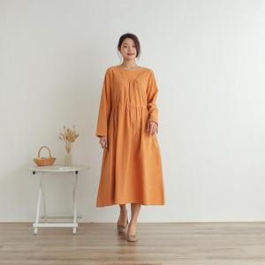 Robe longue décontractée pour femme, élégante, orange, col rond, coupe ample, avec taille à volants, robe midi décontractée - Product Image 4