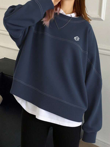 Contrast Stitch Women's Oversized Crewneck Sweatshirt Cotton Fleece Drop Shoulder Blue High Street Hoodies ODM Private <b>Label</b> - Product Image 2
