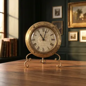 Reloj de Mesa Vintage de Latón Antiguo con Esfera de Números Romanos, Reloj de Escritorio Decorativo Marítimo, Reloj de Oficina Náutico Clásico - Product Image 1