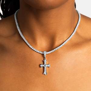 Round Moissanite Cross Pendant Necklace 925 Sterling <b>Silver</b> Rhodium Plated Religious Christian Everyday Wear Unisex <b>Snake</b> <b>Chain</b> - Product Image 1