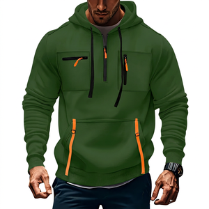 Sweat-shirt à capuche mi-zippé kaki pour homme avec plusieurs poches, fermeture éclair orange, vêtement décontracté pour l'extérieur, coupe classique, style automne - Product Image 6