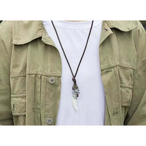 White Wolf Tooth Leather Necklace for <b>Men</b>-Vintage Pendant with Adjustable Pure Leather Cord Blade <b>Chain</b> Gift - Product Image 5
