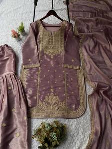 Designer Festive Wear <b>Silk</b> <b>Kurta</b> Sharara Set with Heavy Embroidery Work - Product Image 5