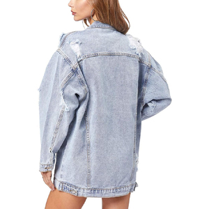 <b>Womens</b> Washed Denim <b>Jacket</b> Boxy Fit Full Sleeve Turn-down Collar Frayed Details <b>Spring</b> Casual Outerwear - Product Image 1