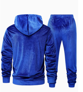 Men Blue Velvet Tracksuit Hoodie Pants Set Solid Color Casual Autumn Wear Full Sleeve Drawstring Closure Regular Fit - Product Image 2
