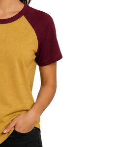 T-shirt Raglan Personnalisé Jaune Moutarde et Bordeaux pour Femme – Col Rond Décontracté, Manches Courtes, Mélange de Coton Doux, Tendance Estivale - Product Image 4