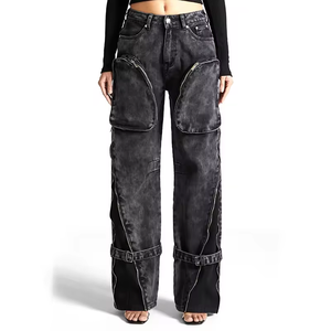 OARH INT INDUSTRY Pantalones Cargo de Mezclilla Transpirables y Ecológicos de Cintura Alta con Cremalleras y Aberturas, Ajuste Regular, Largos, para Mujer - Product Image 4