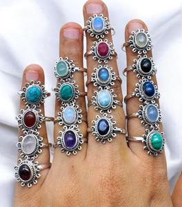 Anillo de piedras preciosas chapado en plata de ley 925, lapislázuli, rubí, turquesa, ovalado de 6x8 mm, para mujer. - Product Image 1