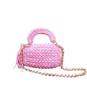 Pink Handcrafted Cotton Crochet Crossbody Sling <b>Handbag</b> with Clasp Closure and <b>Tassel</b> Decoration - Product Image 3