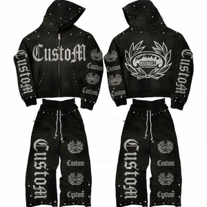 Custom Logo <b>Men's</b> Rhinestone Tracksuit Full Zip Hoodie and Sweatpants Set Oversized Streetwear Heavyweight Sweat Suit Set - Product Image 1
