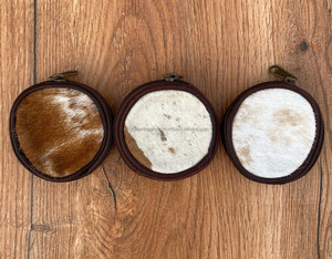 Monedero de piel auténtica hecho a mano con pelo en piel oculta, monedero redondo con tarjetero, cartera redonda pequeña con estilo occidental - Product Image 2