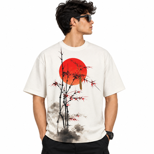 Camiseta Gráfica Blanca para Hombre con Diseño de Sol Nascente Rojo y Estampado Artístico de Tinta Estilo Streetwear - Product Image 1