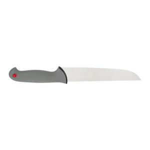 Cuchillos para cortar carne con mango gris, hoja plateada de filo recto, punta roja y protector de dedos contorneado para uso en cocina. - Product Image 3