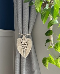 Macrame Curtain Holder Leaf, Handmade Curtain Tieback, Pull Through, Modern <b>Window</b> Treatment, <b>Wrap</b> Around, Cotton Curtain Decor - Product Image 2