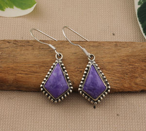 Boucles d'oreilles pendantes en Charoïte naturelle, argent sterling 925, pierre précieuse violette rare en forme de tourbillon, sertie clos, bijoux fins de luxe en forme de goutte d'eau, vente en gros - Product Image 6