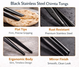 Black Stainless Steel <b>Kitchen</b> Chimta <b>Tong</b> | Heat Resistant Cooking <b>Tongs</b> 25 cm | Rust Proof Oven/Dishwasher Safe Food Grip Tool - Product Image 6