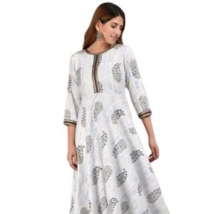 Kurta Anarkali Blanca de Rayón para Mujer, con Estampado Floral Tie Dye, Cuello con Lazos, Mangas Tres Cuartos, Secado Rápido, Estilo Étnico Global Informal para Verano - Product Image 1
