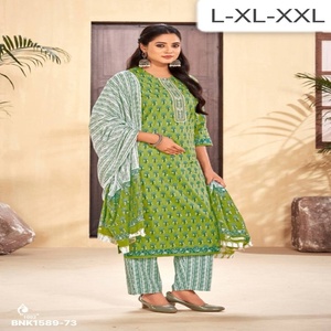 Colección de Kurti-Pantalón-Dupatta de la Mejor Tela de Algodón Puro con Cuello Estampado y Bordado, Moda Femenina, Compra en Línea en India - Product Image 1