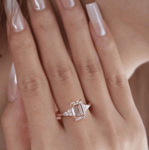 Vintage Floral 3.5ct <b>Brown</b> Emerald Cut Lab Created Diamond Ring 18K Solid Yellow Gold Tapered Band Champagne Diamond Look Ring - Product Image 3