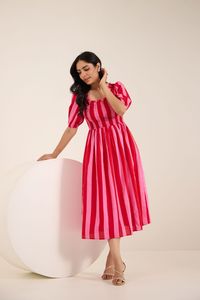 Robe longue en mousseline rayée rouge et rose, col carré, manches bouffantes, coupe trapèze, décontractée, pour l'été, en tissu respirant - Product Image 3
