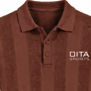 Chocolate <b>Brown</b> Mens <b>Long</b> <b>Sleeve</b> Knit Polo Shirt Textured Vertical Stripe Design Ribbed Cuffs Smart Casual Premium Pullover <b>Top</b> - Product Image 3