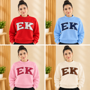 เสื้อสเวตเชิ้ตคอกลมสีฟ้าอ่อนสำหรับผู้หญิง พร้อมตัวอักษร EK สีกรมท่า โลโก้ชมรมนักศึกษา มหาวิทยาลัย - Product Image 5