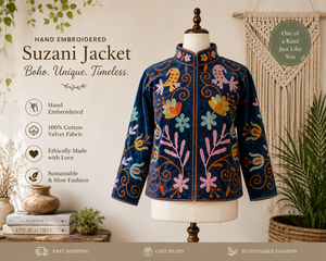 Suzani Embroidery Bomber Jacket Handmade <b>Needlework</b> Women Blue Corduroy Boho Party Wear Bird Motif Side Pockets Vintage Coat - Product Image 6