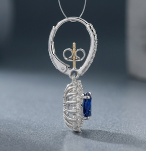 Boucles d'oreilles pendantes en saphir bleu avec halo de diamants, crochets d'oreilles en argent, pour cadeau - Product Image 4
