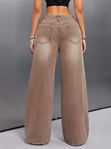 High Waist Wide Leg Sand Washed Denim Jeans Cotton Casual Solid Color Loose Fit Autumn Style <b>Pants</b> - Product Image 3