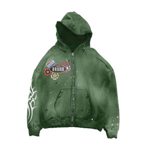 Custom Manufacturer Winter Sun Fade Distressed Long Sleeve Hooded Pullover Fleece Rhinestone Hoodie Men Acid Wash Zip Streetwear - Product Image 4