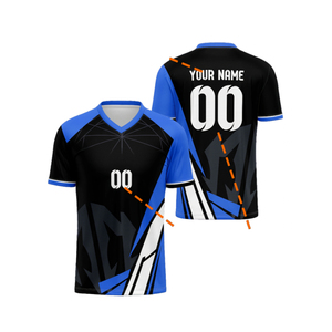 Custom Black Blue <b>Soccer</b> Jersey V-Neck Short Sleeve Sublimated Print Solid Moisture Wicking Front Logo Mesh Unisex Adult Apparel - Product Image 1