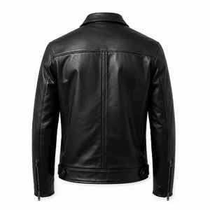 Blouson moto en cuir véritable noir, manches longues, col rabattable, fermeture éclair, coupe-vent, vêtement d'extérieur décontracté toutes saisons - Product Image 2