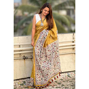 Robes de soirée Elite Weaves, sari en soie Katki dorée avec bordure Zari, motif Kalamkari imprimé, 500g - Product Image 1