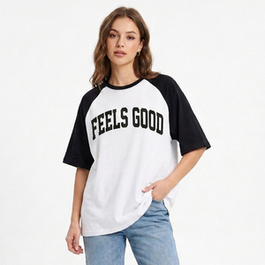 Casual Short Sleeve Raglan Oversize T-Shirt <b>Women's</b> Crew Neck Loose Fit Plus Size Cotton Jersey Tee <b>Top</b> with Logo - Product Image 1